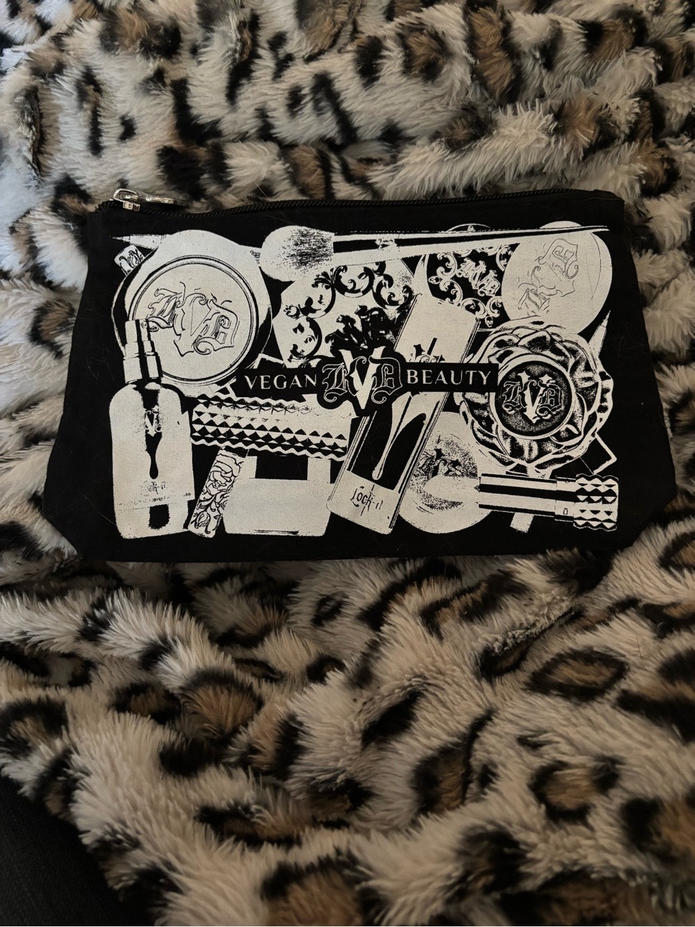 Vegan Beauty Black Cosmetic Bag with White Makeup Print NWOT